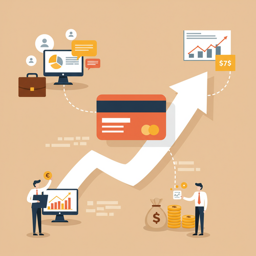 A flat design illustration of a stylized business credit card at the center, surrounded by icons representing high-limit business expenses such as a briefcase, a graph showing growth, a stack of money, and a laptop. The imagery conveys managing high-limit business credit cards and corporate expenses in a financially responsible way. The style is cartoonish with clean lines and a limited color palette of earth tones, blues, and oranges.