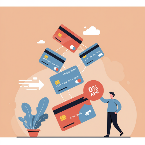 A flat design illustration depicting a person consolidating multiple high-interest credit cards into a single new credit card with a "0% APR" label, representing strategic credit card balance transfers with 0% APR.