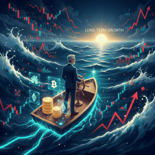An investor using advanced strategies to navigate a high-interest rate environment, managing a diverse portfolio including traditional investments and digital assets.