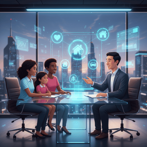 A family and financial advisor discussing insurance plans in a bright office with icons representing health, life, property, and digital protection surrounding them.