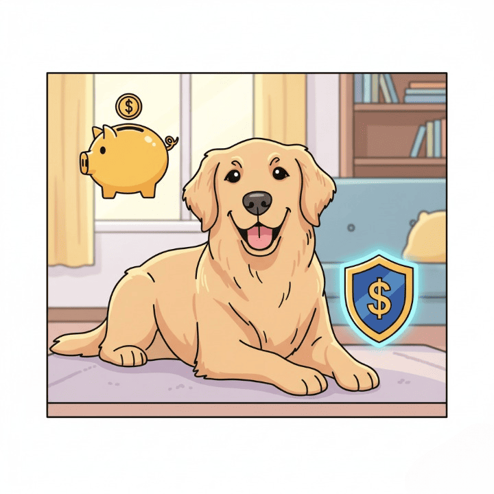 A happy Golden Retriever with a shield icon, symbolizing pet insurance protection for expensive breeds and managing veterinary costs.