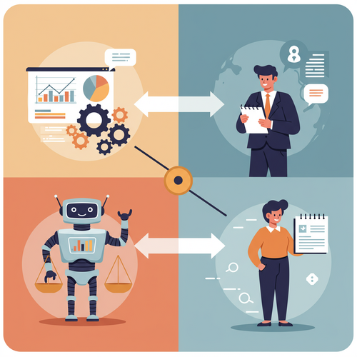 Flat design illustration comparing a friendly robot (robo-advisor) and a thoughtful human (personal financial planner) on a balance scale, representing the choice between automated and human financial advice.