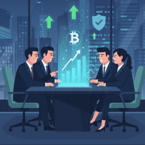 Futuristic illustration of executives analyzing strategic financial management data with holographic charts and global finance symbols.