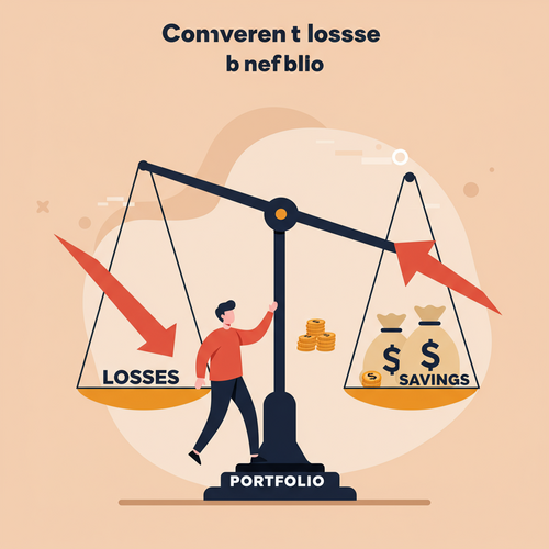 A flat design illustration of a person balancing scales, where one side represents investment losses and the other represents tax savings, conceptually demonstrating tax-loss harvesting strategies to optimize an investment portfolio.