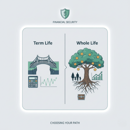 An illustration comparing Term Life and Whole Life Insurance, showing a temporary bridge for Term Life and a permanent, rooted tree for Whole Life, symbolizing their respective durations and features, with elements of financial planning and wealth protection in the background.