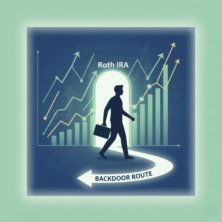 An illustration depicting a high-income earner using a "backdoor" to access a Roth IRA, symbolizing tax-advantaged retirement growth.