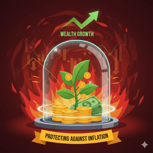 A stack of growing coins or banknotes, possibly with a small plant sprouting from them, symbolizing high-yield savings growing money and protecting it against a blurred background of inflation symbols like rising graphs or price tags.
