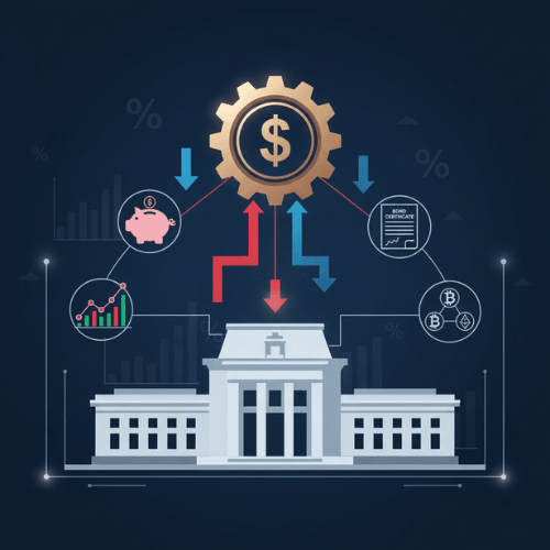 Federal Reserve building influencing a diverse array of financial instruments, including a savings account, bond, stock graph, cryptocurrency, and real estate, symbolizing interest rate impacts.
