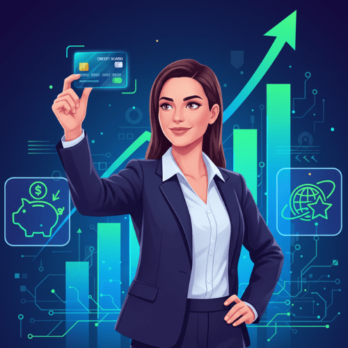 A modern illustration of people using credit cards for shopping, travel, and online payments, symbolizing both convenience and responsibility.