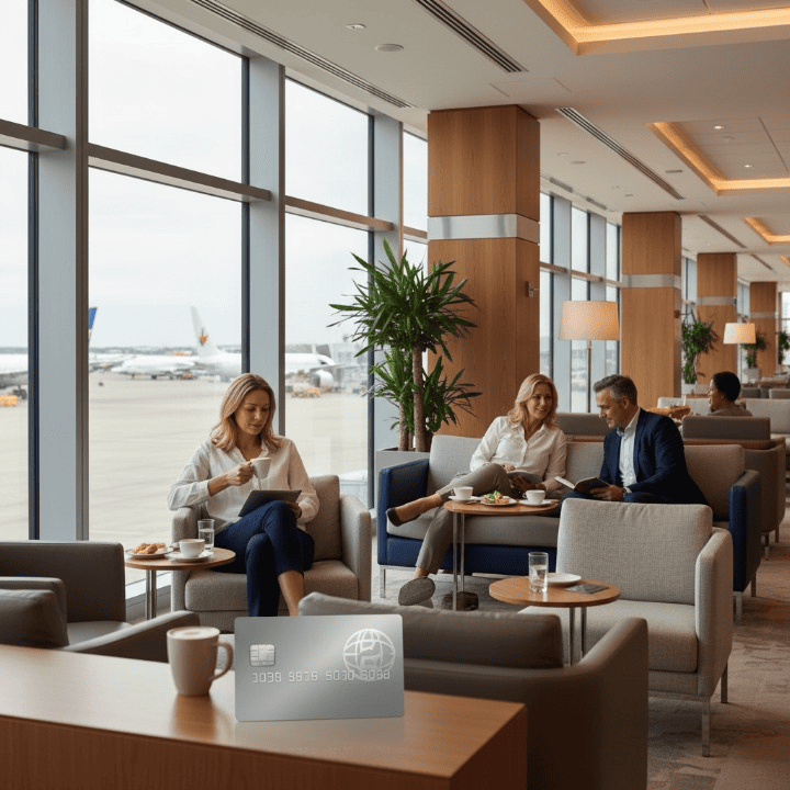 Travelers relaxing in a luxurious airport lounge, showcasing the premium benefits of high-end travel credit cards for airport lounge access.