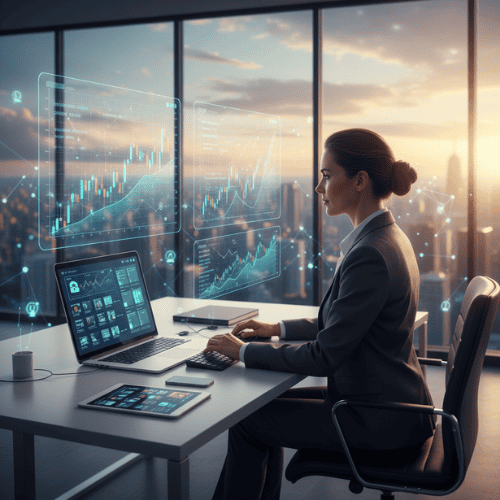A professional demonstrating high-ticket affiliate marketing strategies on a laptop, with financial data on surrounding screens, symbolizing significant online earnings and a successful digital business.