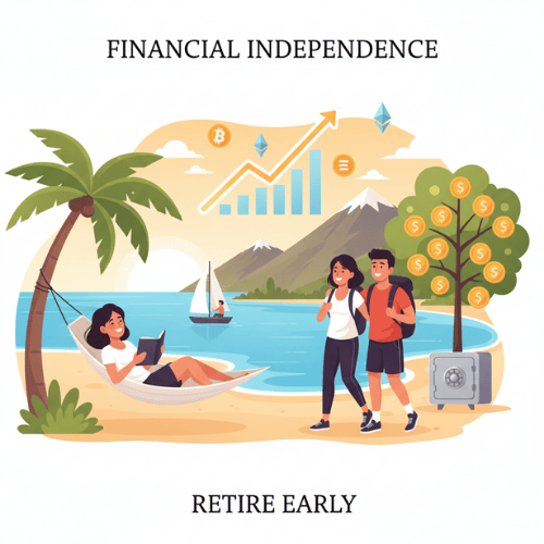 A vibrant illustration depicting a diverse group of people enjoying leisure activities like hiking, reading, and sailing, with a backdrop of a growing financial graph and digital currency symbols, symbolizing financial independence and early retirement.