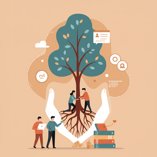 Flat design illustration in cartoon style showing a strong, green tree, symbolizing a growing estate or legacy, with its roots protected by a blue and orange shield, representing whole life insurance. Figures are tending to the tree, illustrating diligent estate planning. Focus keyphrase: Whole Life Insurance for Estate Planning.
