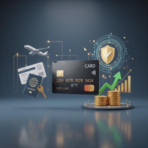 A premium credit card surrounded by icons representing travel, finance, and security, symbolizing maximized rewards and benefits.