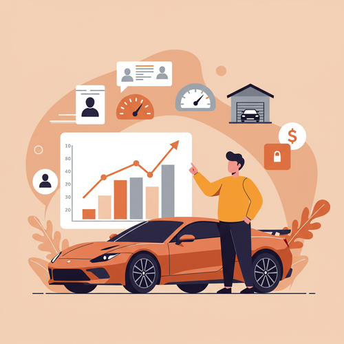 A flat design illustration of a person next to a high-performance car, with graphical elements representing the factors affecting high-performance auto insurance premium, including a driver's license and a garage icon.