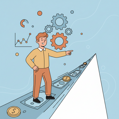 A flat design illustration of a confident small business owner navigating a river of cash, surrounded by abstract gears and data points, symbolizing the use of Advanced Cash Flow Forecasting Models for financial planning and risk management.