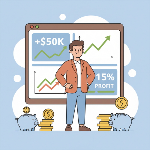A cartoon illustration of a small business owner looking at a dashboard with financial charts and graphs, representing the importance of tracking Financial KPIs for Small Business success. The art style is flat design with clean lines and warm colors.