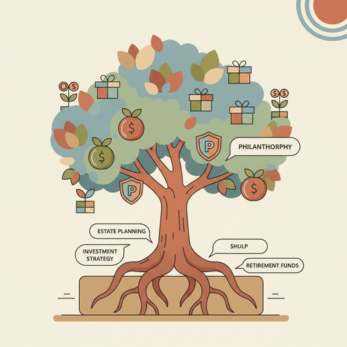 Flat design illustration of a vibrant financial tree with deep roots, symbolizing robust financial planning strategies for high-net-worth individuals. The tree has fruits representing wealth growth, asset protection shields, and philanthropic gifts. The style is cartoonish with clean lines and a limited color palette of earth tones, blues, and oranges.