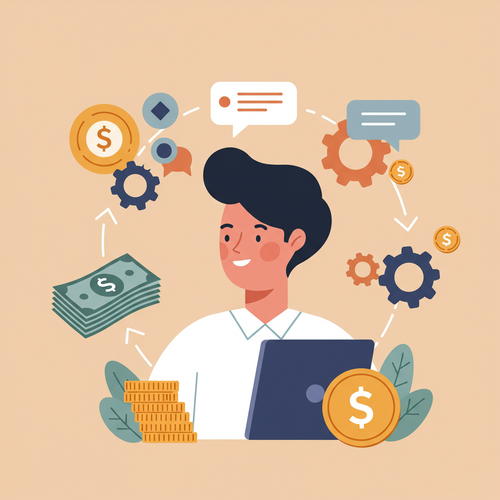 A flat design illustration of a small business owner thoughtfully managing finances. Abstract money symbols flow into and out of a stylized business structure, with gears and upward-pointing arrows signifying advanced cash flow strategies for small business. The style is cartoonish with clean lines and warm, muted colors.