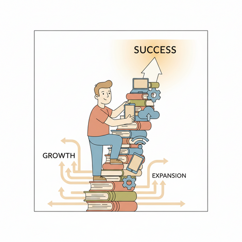 Flat design illustration of a person climbing a ladder made of books and digital screens, representing scalable high-ticket online course business models. The person is reaching for a glowing light of success. The image uses warm earth tones and soft blues, with a clean, friendly cartoon style.