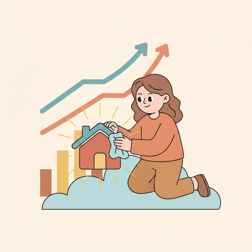 A flat design illustration showing a friendly character polishing a stylized business icon, symbolizing preparing a company for sale and enhancing its value, with upward trending graphs in the background.