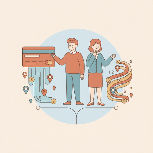 Flat design illustration of two cartoon business people, one examining an Amex Business Platinum card and the other a Chase Ink Preferred card, with digital ad spend metrics flowing around them, representing the comparison of Amex Business Platinum vs Chase Ink Preferred Ad Spend.