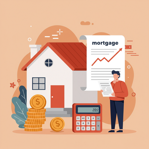 A flat design illustration of a person contemplating a mortgage document and calculator, with a rising interest rate graph hovering over a stylized house. The image uses warm earth tones and soft blues. It conceptually represents analyzing a mortgage refinance strategy amidst rising interest rates.
