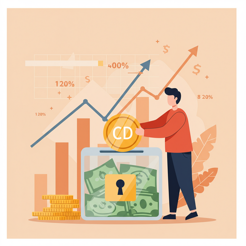 A person with a friendly expression confidently places a golden coin labeled "CD" into a secure, transparent money box. Upward-trending graphs symbolize a high-interest rate market. The illustration uses flat design and a limited color palette, representing the concept of CDs in a High-Interest Rate Market.