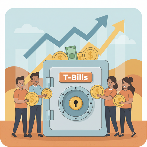 Flat design illustration of diverse people confidently investing in a secure T-Bills vault amidst rising interest rates. This illustrates the safety and appeal of Treasury Bills in a high-rate environment.