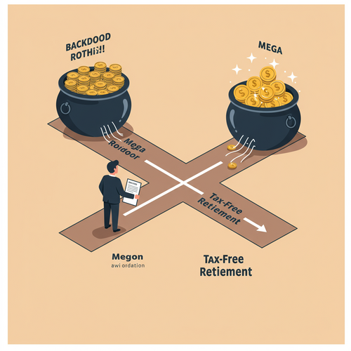 Flat design illustration of a business-attired person at a crossroads, choosing between a "Backdoor Roth" path and a "Mega Backdoor Roth" path, both leading to a "Tax-Free Retirement" pot of gold. The image conceptually represents a high earner exploring Backdoor Roth IRA and Mega Backdoor Roth strategies.