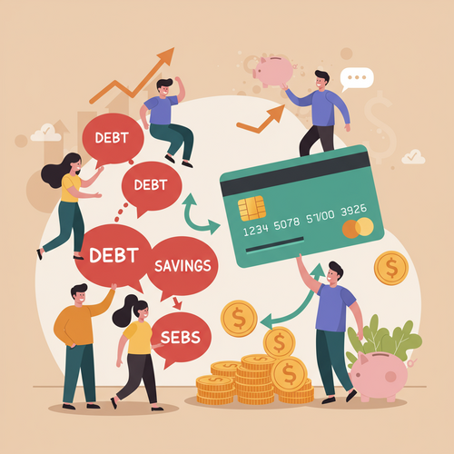 Flat design illustration of diverse people using a Best 0% APR Balance Transfer Card to consolidate high-interest debt, represented by multiple small red bubbles merging into one large green savings bubble.