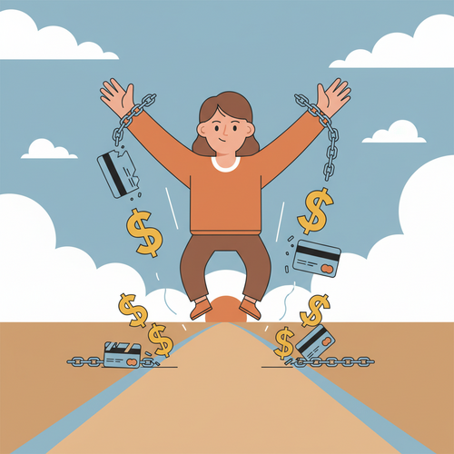 A flat design illustration depicting a person breaking free from credit card debt chains, symbolizing the power of 0% APR balance transfer cards for debt elimination.