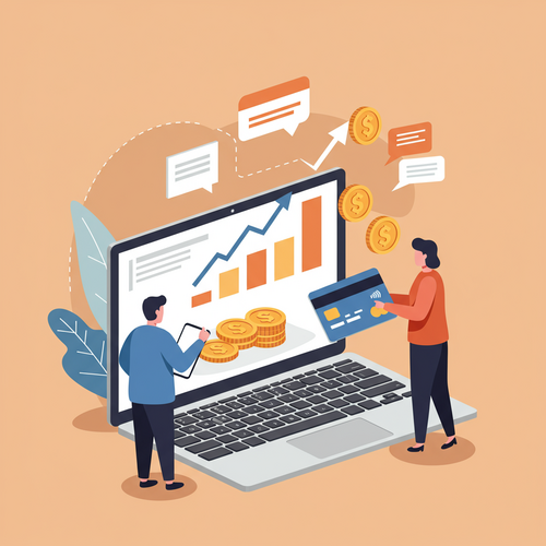 A flat design illustration of a business owner happily holding a credit card, while digital ad icons like a target, a magnifying glass, and dollar signs float around a laptop screen. The image represents the best business credit cards for digital ad spend, emphasizing strategic financial decisions for online marketing.