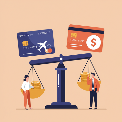 A flat design illustration of a business owner choosing between two stylized credit cards, one representing travel rewards with a plane icon and the other cash back with a dollar sign. The cards are balanced on a scale, symbolizing the decision-making process for the best business credit cards for maximizing travel rewards and cash back. The style is clean with a limited color palette.