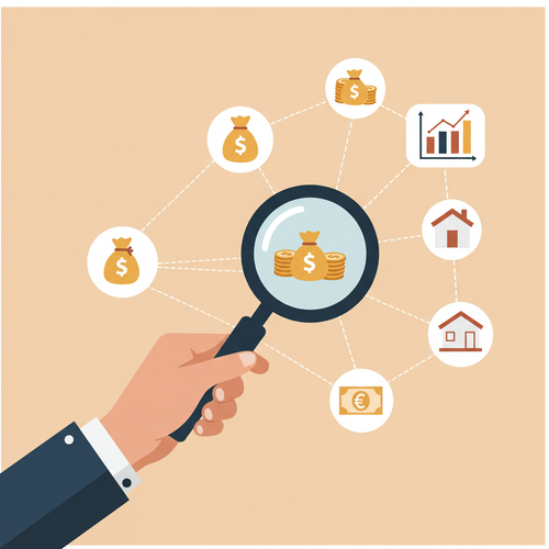 Flat design illustration of a friendly character blogger holding a magnifying glass over a network of interconnected financial symbols, representing the exploration of High-Ticket Affiliate Programs in the Financial Niche.