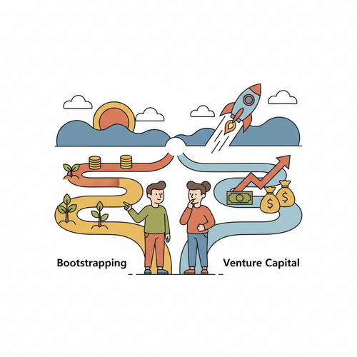 A flat design illustration showing two diverging paths, representing Bootstrapping vs Venture Capital funding. One path shows organic growth (sprouting plant), and the other shows rapid expansion (rocket ship). Two cartoon-style figures stand at the fork, contemplating their funding choice.