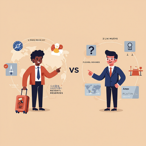 A flat design illustration depicting a conceptual comparison between the Chase Sapphire Reserve and Amex Platinum cards, with two characters representing each card's typical user. The scene includes travel and luxury elements, emphasizing the choice between premium travel credit cards in 2026.