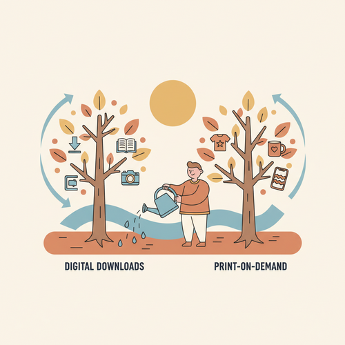 A flat design illustration in a cartoon style showing a friendly person watering two metaphorical trees. One tree has digital download icons as leaves, and the other has print-on-demand product icons. This symbolizes creating passive income streams with digital downloads and print-on-demand.