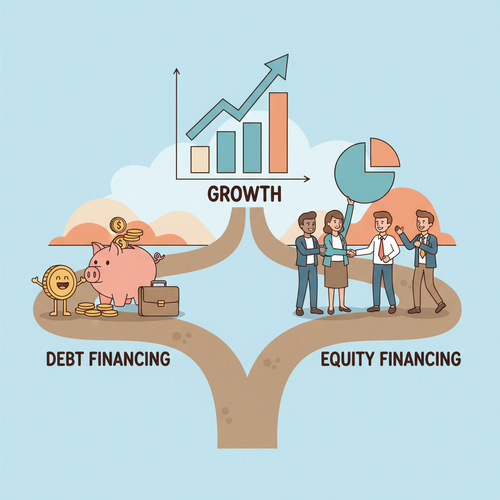 A flat design illustration showing two distinct paths diverging. On one path, representing debt financing, there's a small piggy bank with coins and a briefcase. On the other path, representing equity financing, there's a group of diverse business people collaborating, one holding a percentage sign. Both paths lead towards a larger growth chart in the distance. The scene uses warm earth tones, soft blues, and muted oranges, with clean lines and minimal shading.