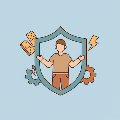 Flat design illustration of a consultant figure being protected by a large shield from various abstract risk symbols like broken gears and lightning bolts, representing the need for Errors and Omissions Insurance for Consulting Business.