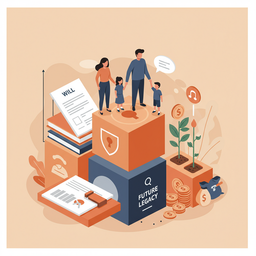 A flat design illustration of a family standing on a secure block, representing a financial legacy. The block is supported by various documents and symbols related to estate planning essentials like wills and trusts, illustrating security and careful planning.