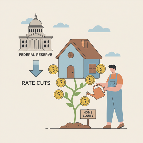 A flat design illustration of a person watering a house-shaped plant with coins growing on it, symbolizing growth and savings from Fed rate cuts mortgage refinancing. A stylized Federal Reserve building is in the background.