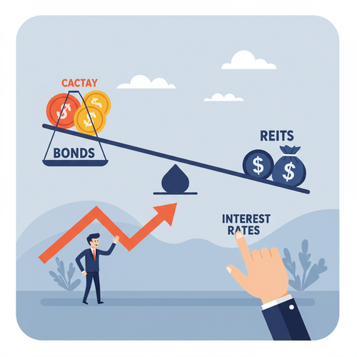 A flat design illustration showing a seesaw with "Bonds" on one side and "REITs" on the other, symbolizing how rising interest rates impact bond portfolios and REIT investments. A hand pushes an arrow labeled "Interest Rates" upwards below the seesaw.