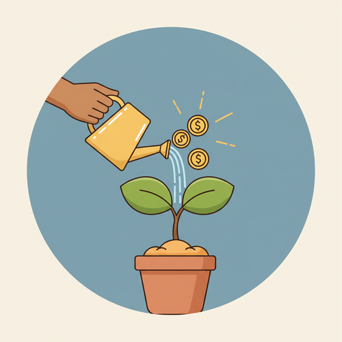 A flat design illustration of a small, healthy plant growing in a pot, being nurtured by a hand. Money symbols and glowing light rise from the plant, representing the growth and monetization of a niche site. The image uses warm earth tones and soft blues.