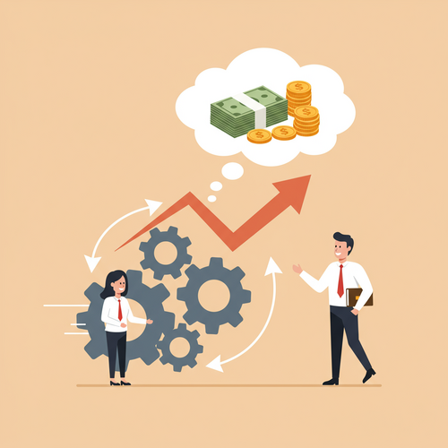 Flat design illustration of a business owner, a series of interconnected gears symbolizing rapid credit building, and an upward-pointing arrow towards a stack of money, representing securing loans. The image illustrates how to build business credit fast in a friendly, cartoon style with warm earth tones.