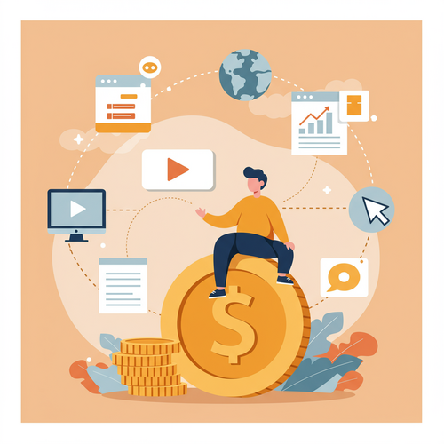 A flat design illustration of a person sitting on a large coin, surrounded by various digital product icons like an e-book, a video play button, and a document template, symbolizing how to create and sell digital products for passive income.