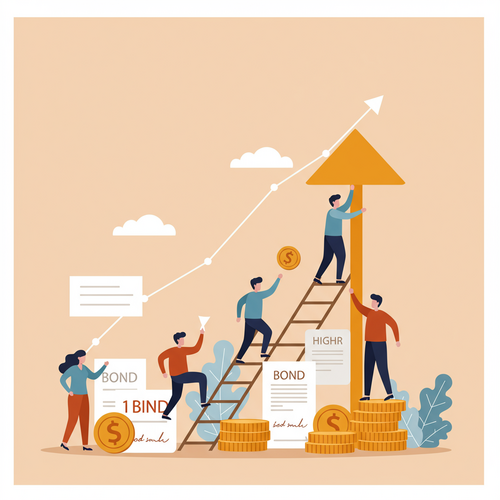 A flat design illustration showing diverse investors climbing a bond ladder. They are reaching for higher yields in a high interest rate environment, representing strategic investment in bonds.