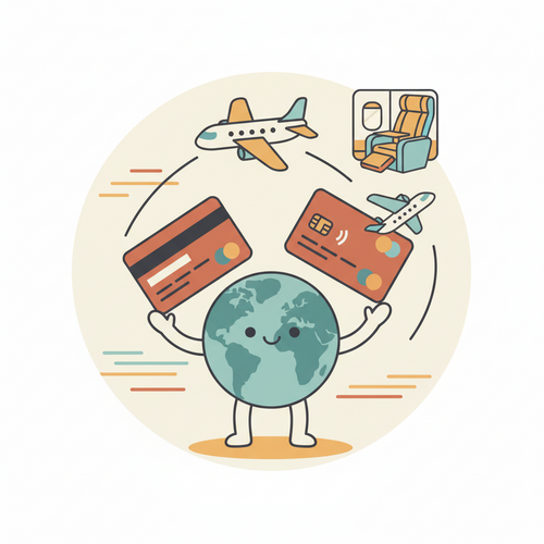Flat design illustration of a cheerful traveler figure juggling multiple credit cards, with some cards transforming into small airplanes flying towards a premium business class seat icon, representing how to maximize credit card churning for free business class flights.