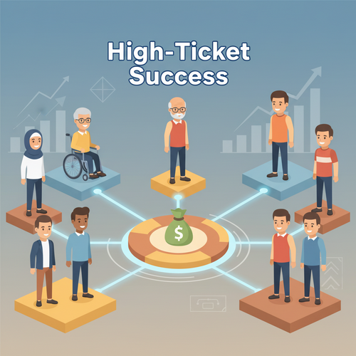 A flat design illustration showing a diverse group of people on platforms connected by digital pathways, all leading to a central platform labeled "High-Ticket Success" with a money bag icon. This conceptually represents how to start a high-ticket affiliate marketing business by connecting with various audiences and achieving success.