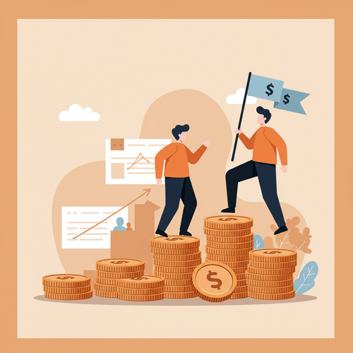 Flat design illustration of a person climbing a staircase made of golden coins, holding a flag with a dollar sign. The illustration uses clean lines, warm earth tones, soft blues, and muted oranges, representing the step-by-step journey of how to start high-ticket affiliate marketing.